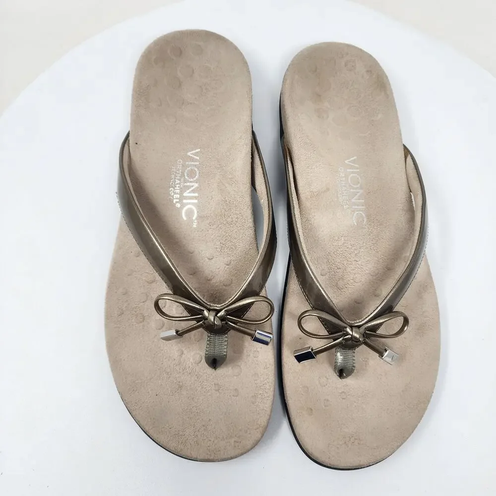 Vionic Bella II Flipflop Sandal Women 9 Champagne Gold Metallic Bow Comfort Shoe